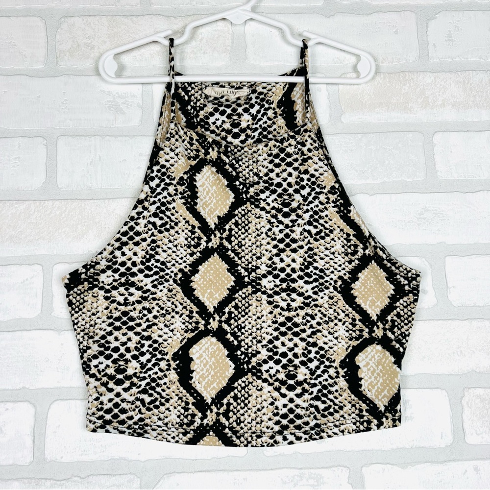 Peach Love California Snakeskin Animal Print Halter Crop‎ Top Black Sleeveless S